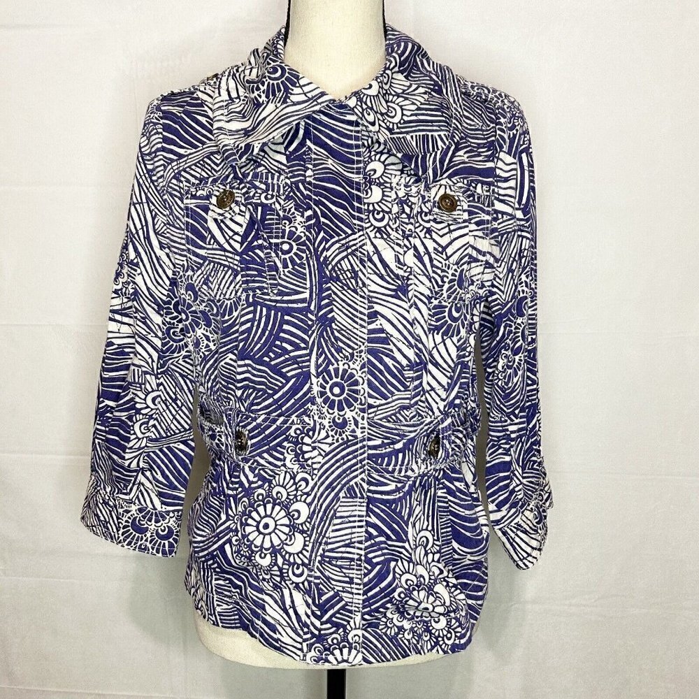 COLDWATER CREEK Utility Full Zip Jacket Sz 6 Floral Print Lapis Purple and White